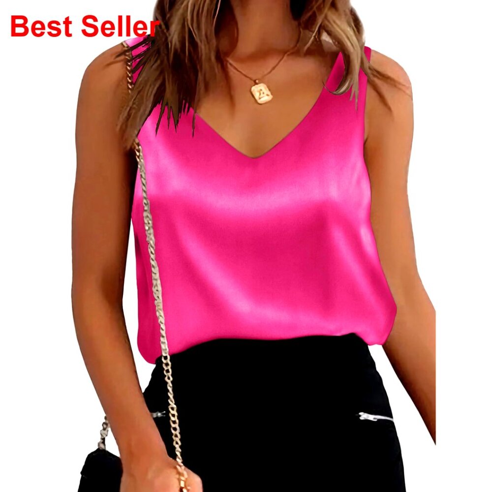 Satin V-Neck Tank Top Sleeveless Blouse Summer Casual Work Wear